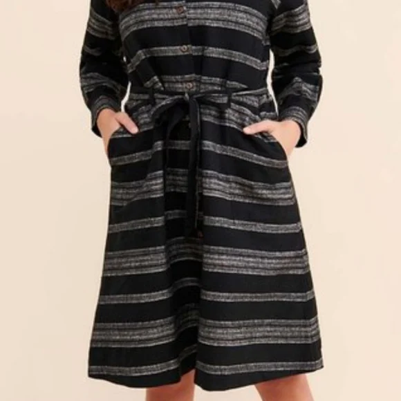 Black & White Stripe Autumn Tie-Waist Shirt Dress - Women by People  Tree NWOT - Picture 3 of 6